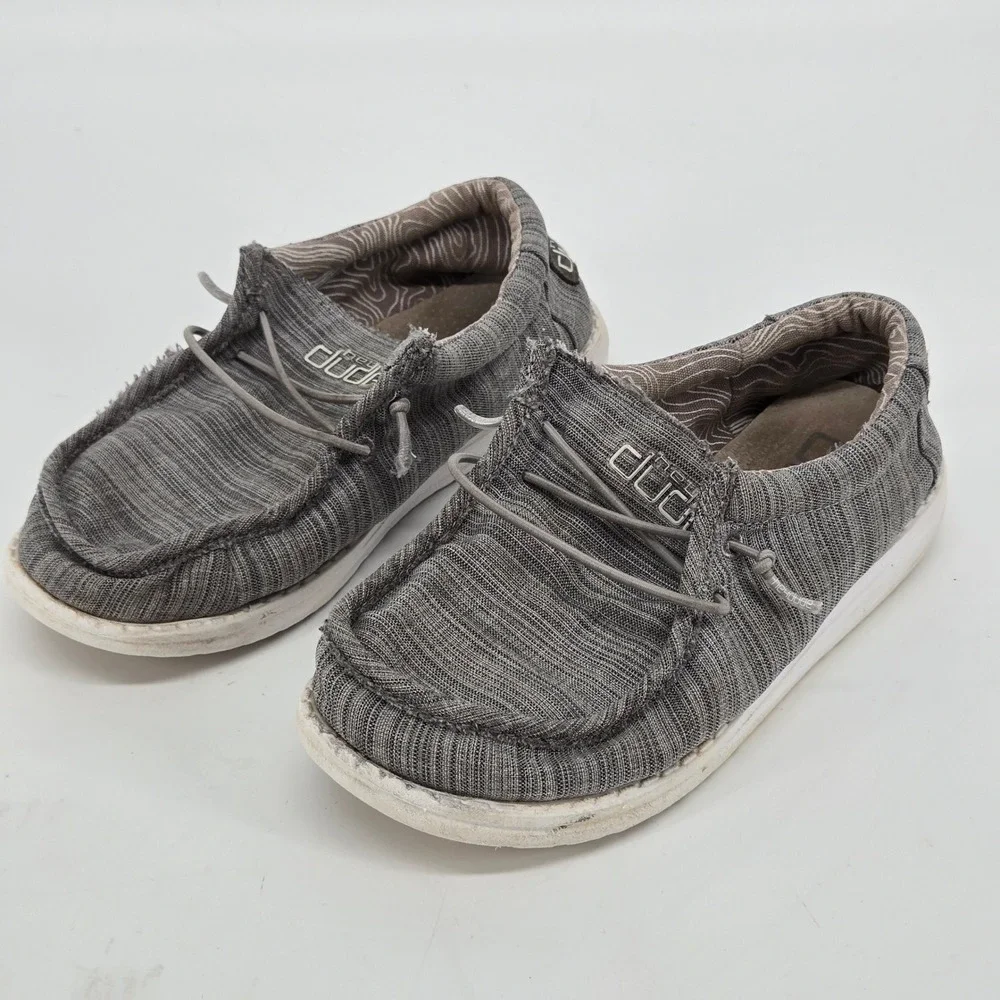 HeyDude Wally Youth Linen Stone Gray Loafers Canvas Slip On Shoes Size US 2Y GUC